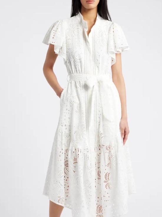 Ciebon Dresses & Skirts - Ciebon White Eyelet Maxi Dress with Tie Waist and Flutter Sleeves